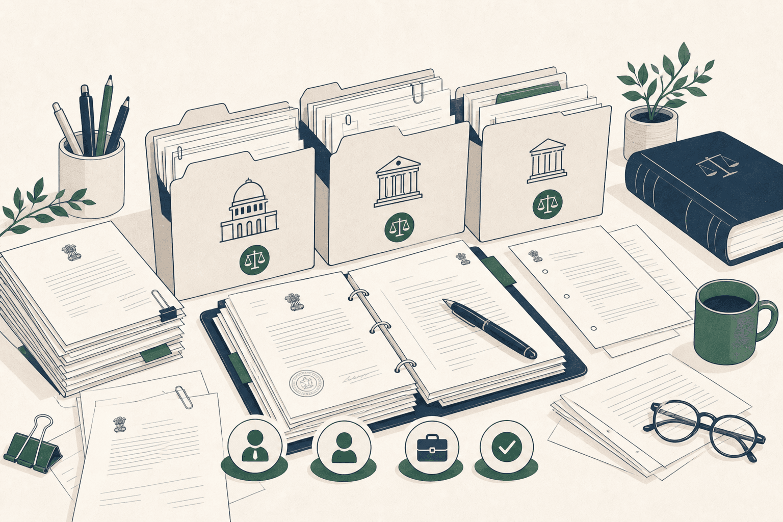 Illustration of an organised case workspace with court hierarchy folders and team roles