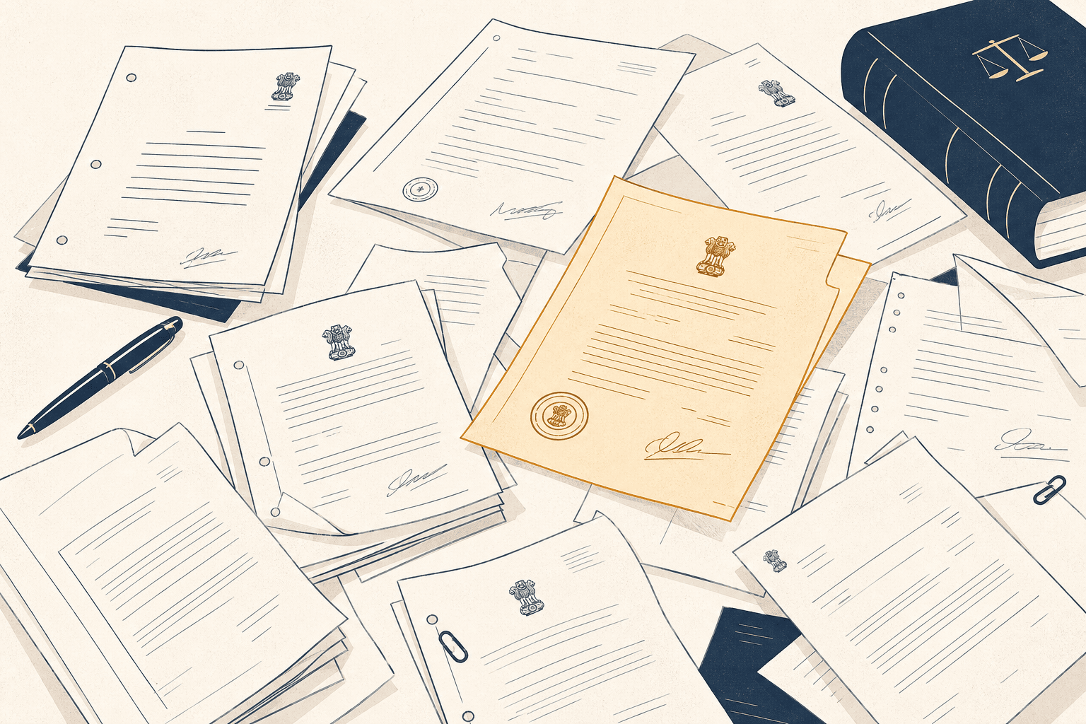 Illustration of scattered court orders and loose documents without structure